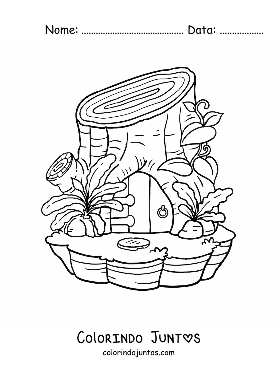 Desenho para colorir de casa em forma de tronco no bosque encantado