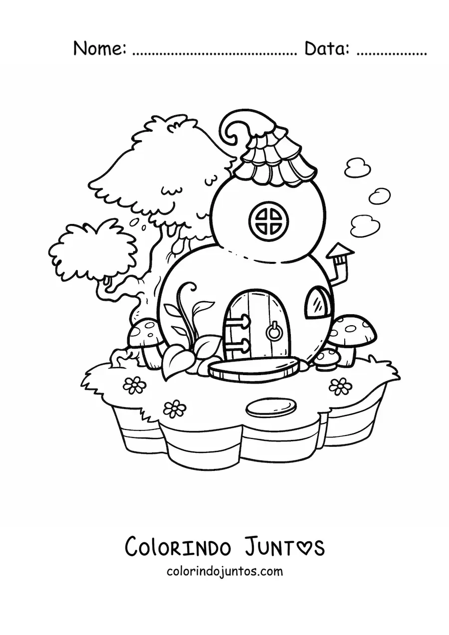 Desenho para colorir de casa em forma de abobora no bosque encantado