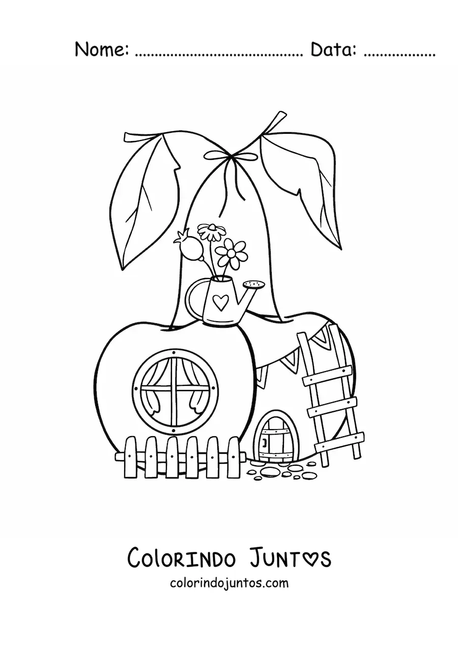 Desenho para colorir de casa em forma de cerejas no bosque encantado