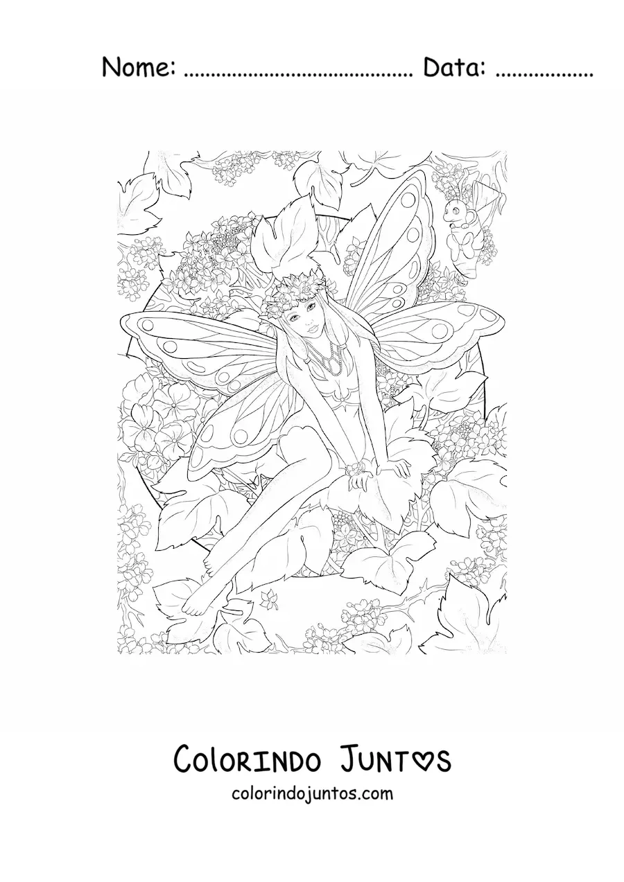 Desenho para colorir de fada realista com flores sentada no bosque encantado