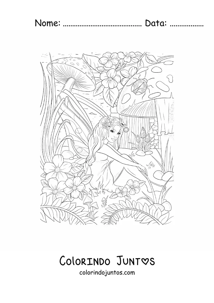 Desenho para colorir de fada realista com flores e cogumelos sentada no bosque encantado
