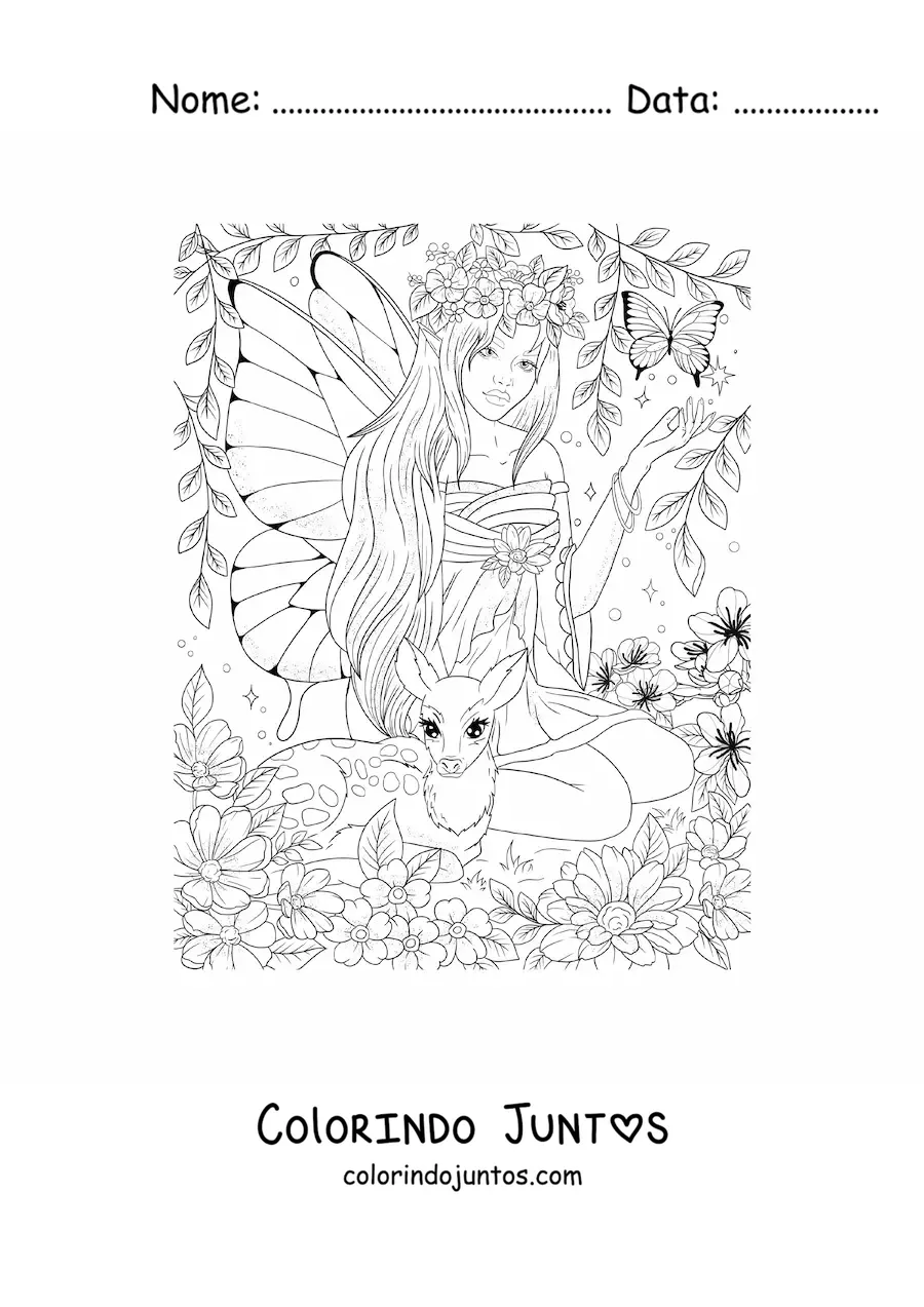 Desenho para colorir de fada realista com borboleta e um cervo sentada no bosque encantado