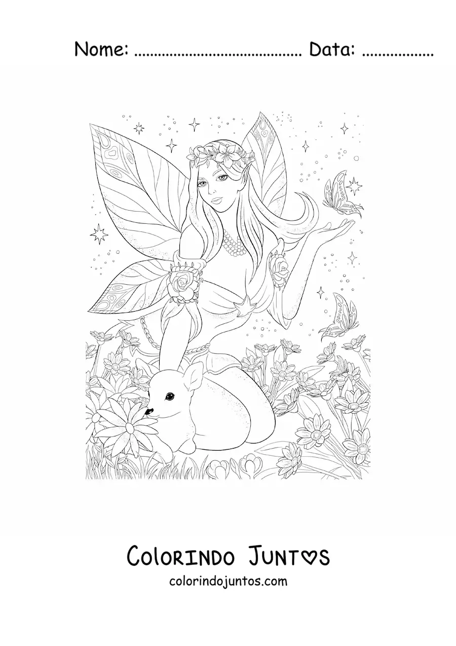 Desenho para colorir de linda fada realista com borboleta e um cervo sentada no bosque encantado