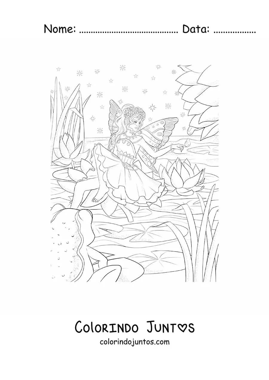 Desenho para colorir de linda fada da agua em um lago no bosque encantado