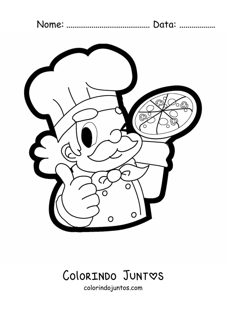 Desenho para colorir de um chef com pizza em uma das maos