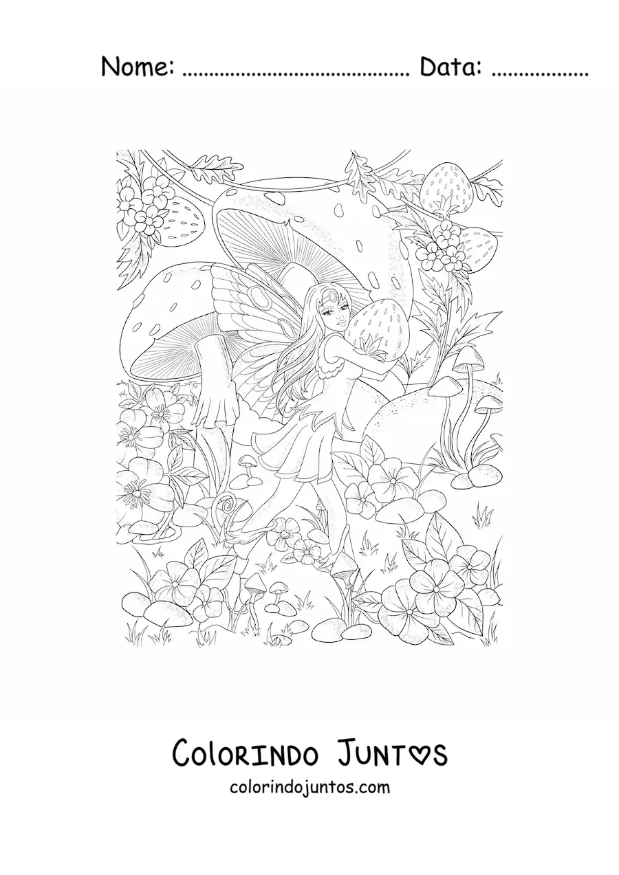 Desenho para colorir de linda fada realista com morangos e cogumelos em jardim magico