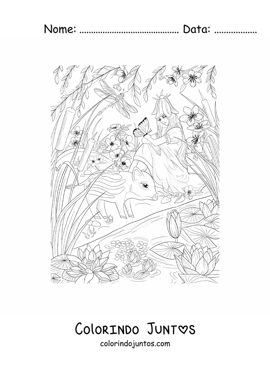 Desenho para colorir de linda fada dos animais sentada em jardim magico com borboleta e anta