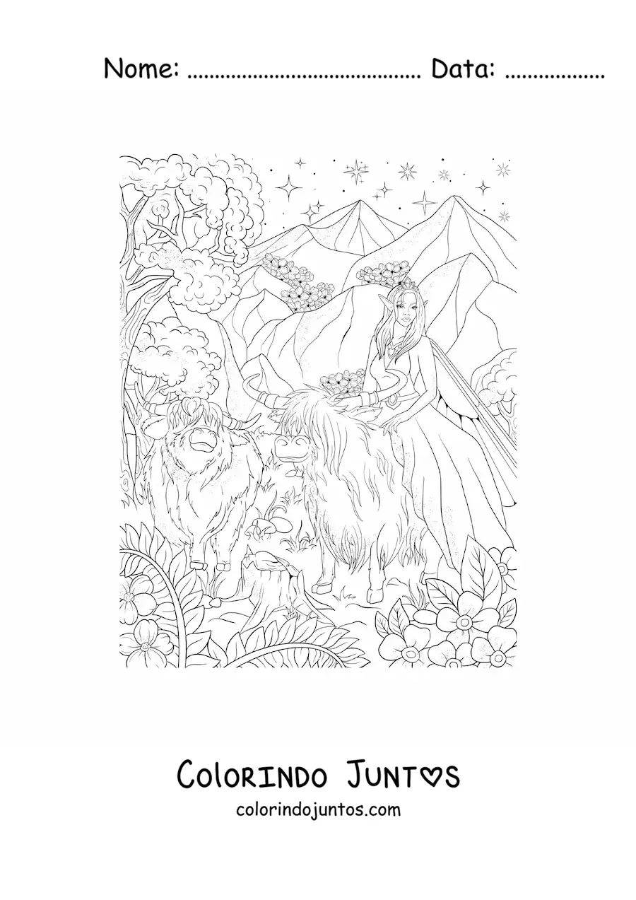 Desenho para colorir de linda fada dos animais sentada sobre um boi no bosque encantado