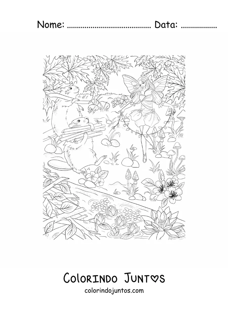 Desenho para colorir de linda fada dos animais com castores no bosque encantado