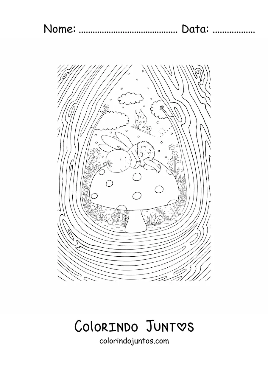 Desenho para colorir de fada bebe dormindo sobre um cogumelo em jardim magico