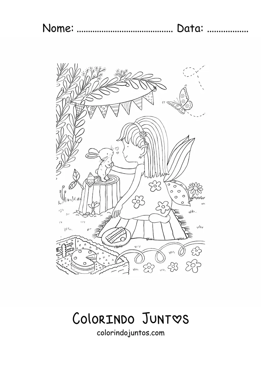 Desenho para colorir de menina fada de piquenique com um coelho em jardim magico