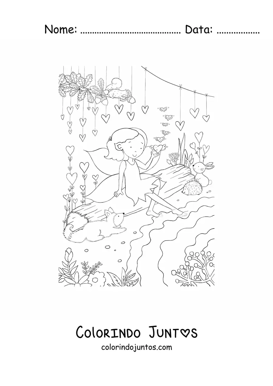 Desenho para colorir de menina fada com animais no bosque encantado