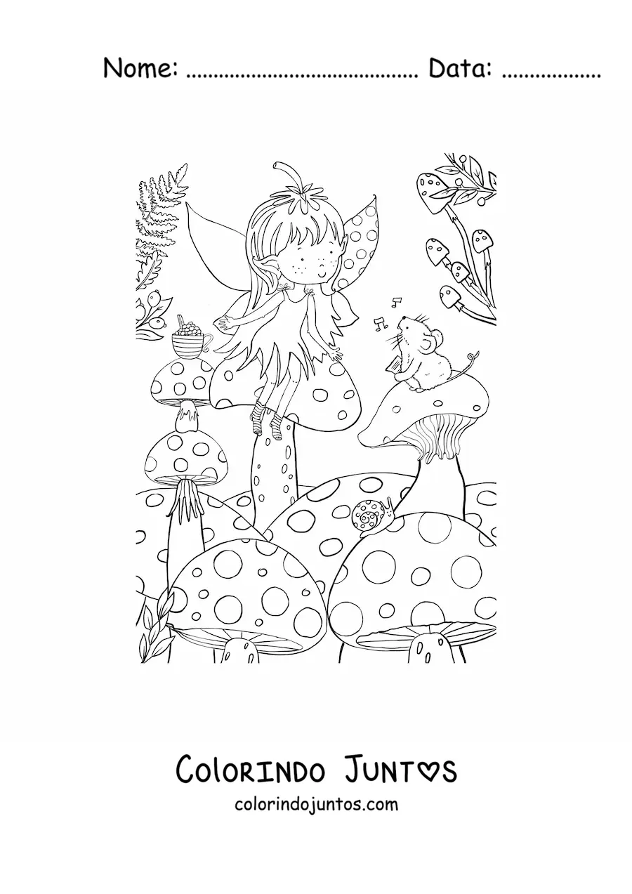 Desenho para colorir de menina fada sentada sobre um cogumelo com um rato no bosque encantado