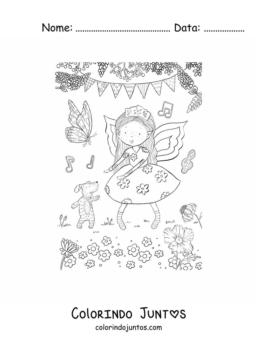 Desenho para colorir de menina fada dancando com um cachorro em jardim magico