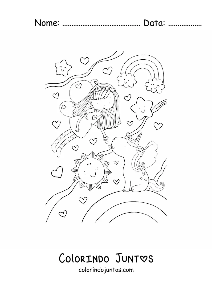 Desenho para colorir de menina fada voando com unicornio e arco-iris
