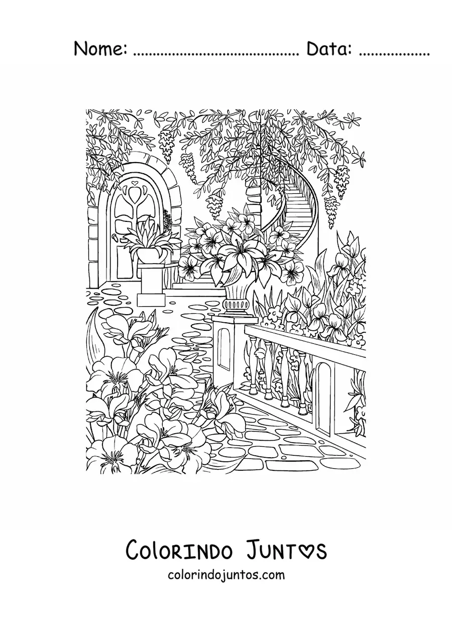 Desenho para colorir de jardim secreto com flores e escadas