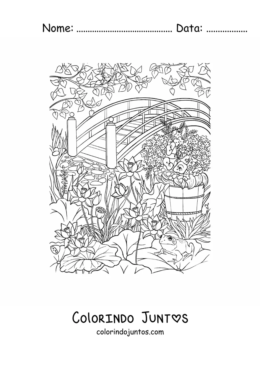 Desenho para colorir de jardim secreto com flores e uma ponte