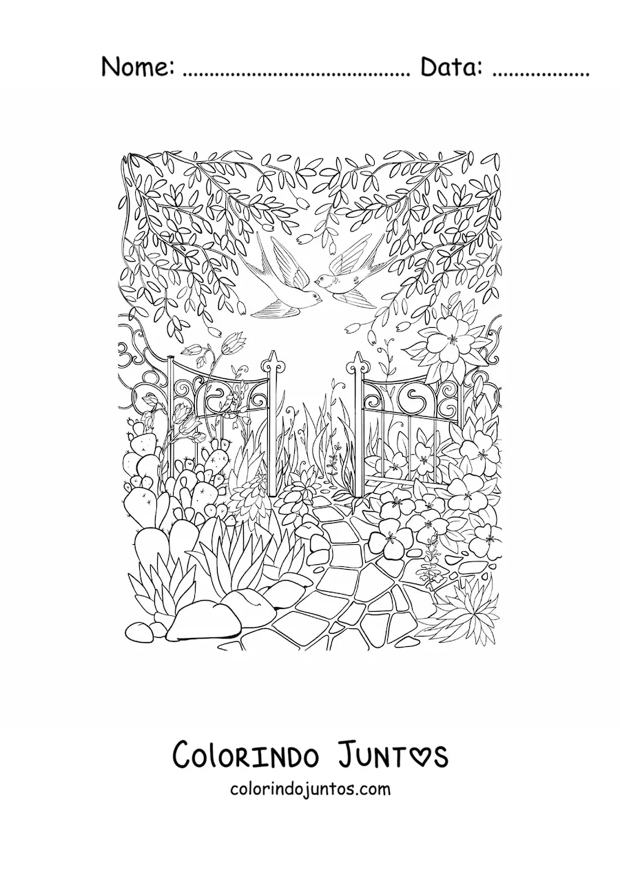 Desenho para colorir de jardim secreto com flores e passaros