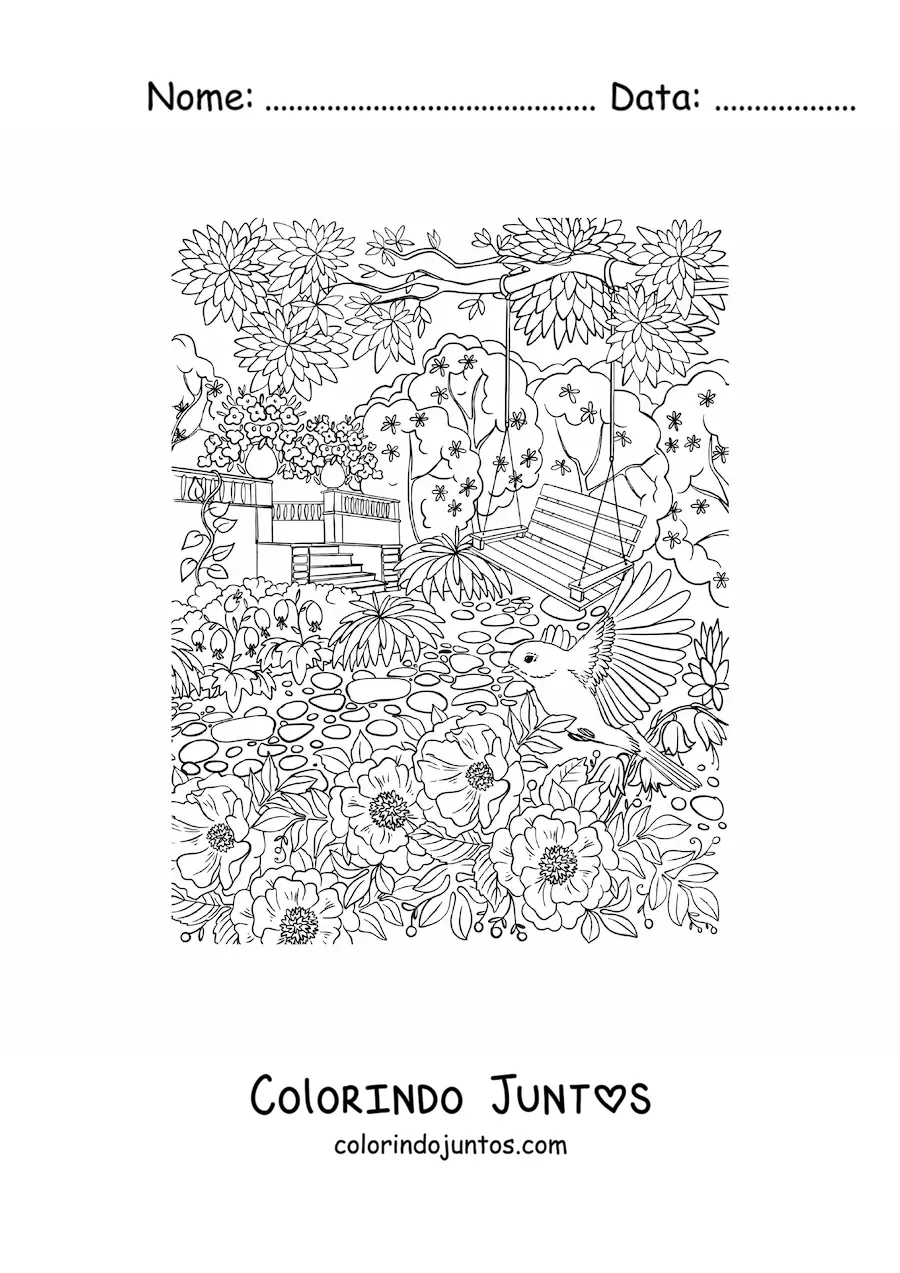 Desenho para colorir de jardim secreto com um balanco rodeado de flores e passaros