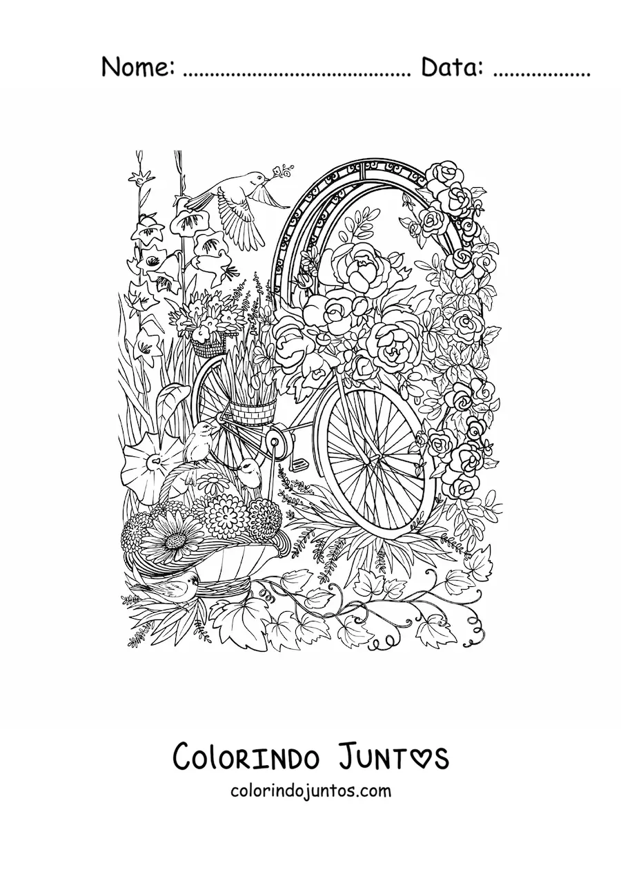 Desenho para colorir de bicicleta em um jardim secreto com flores e passaros