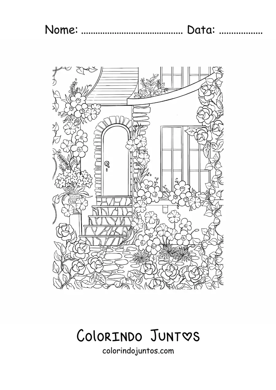 Desenho para colorir de casa com jardim secreto com flores
