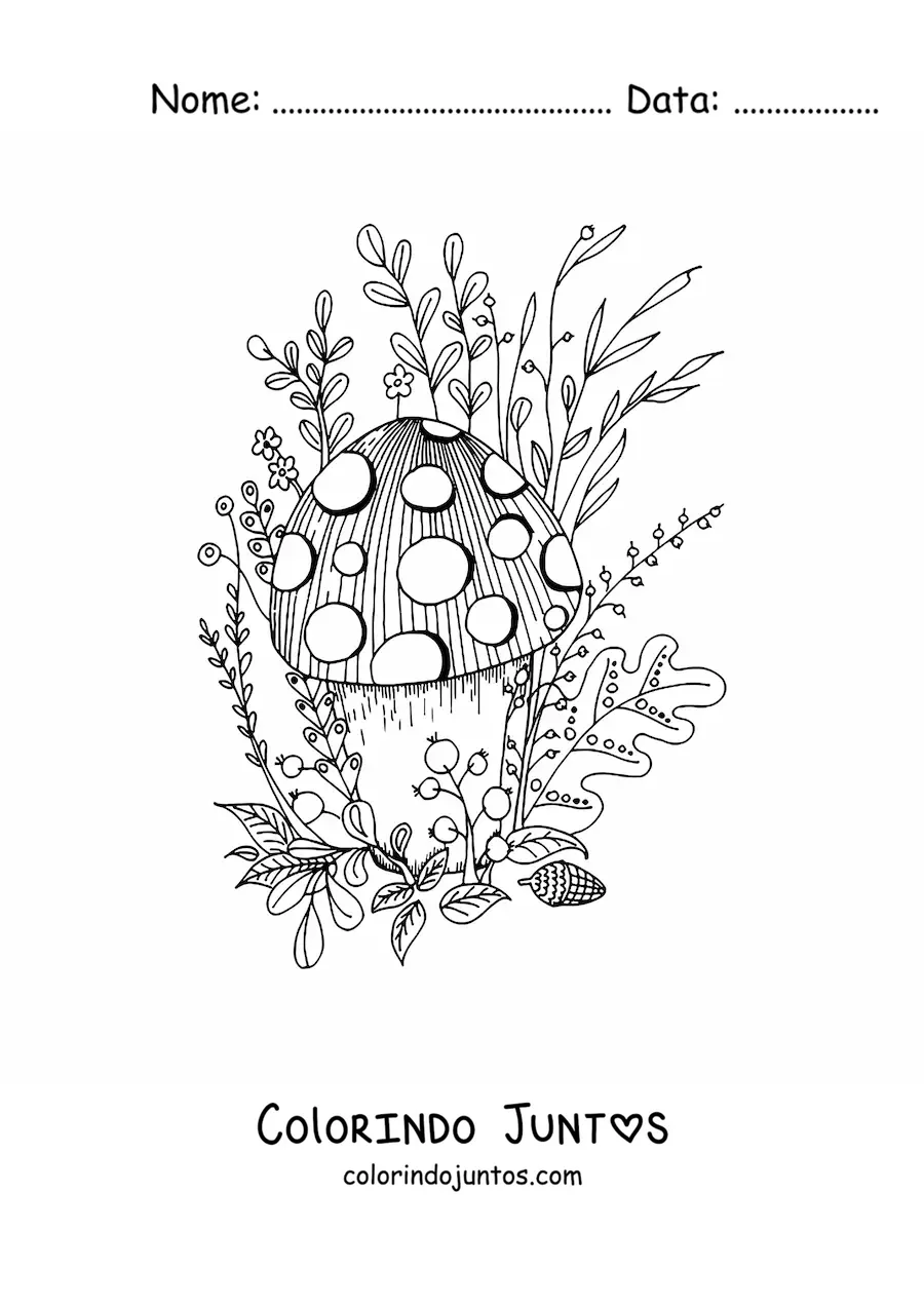 Desenho para colorir de cogumelo com flores e plantas