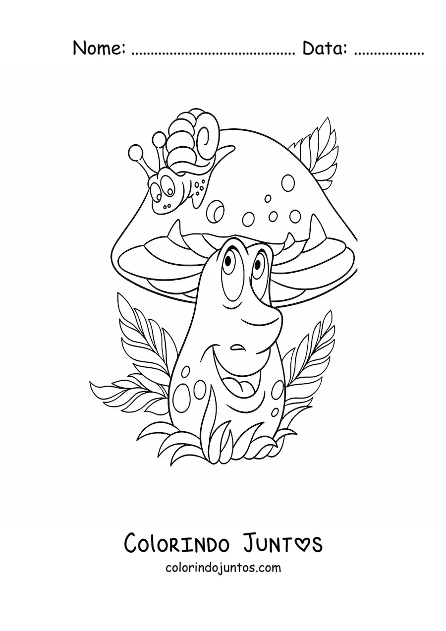 Desenho para colorir de cogumelo animado com caracol
