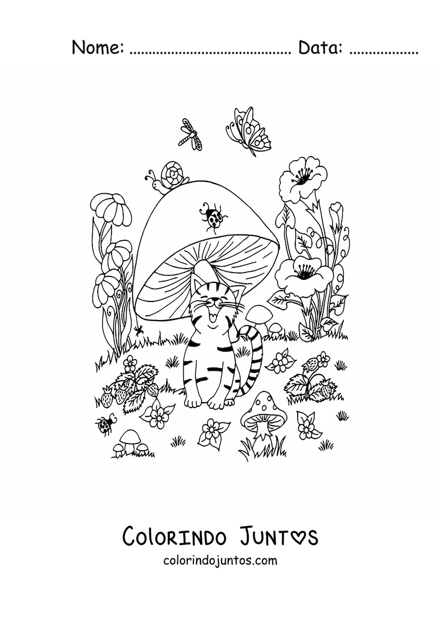 Desenho para colorir de gato animado com cogumelo e borboleta em jardim magico