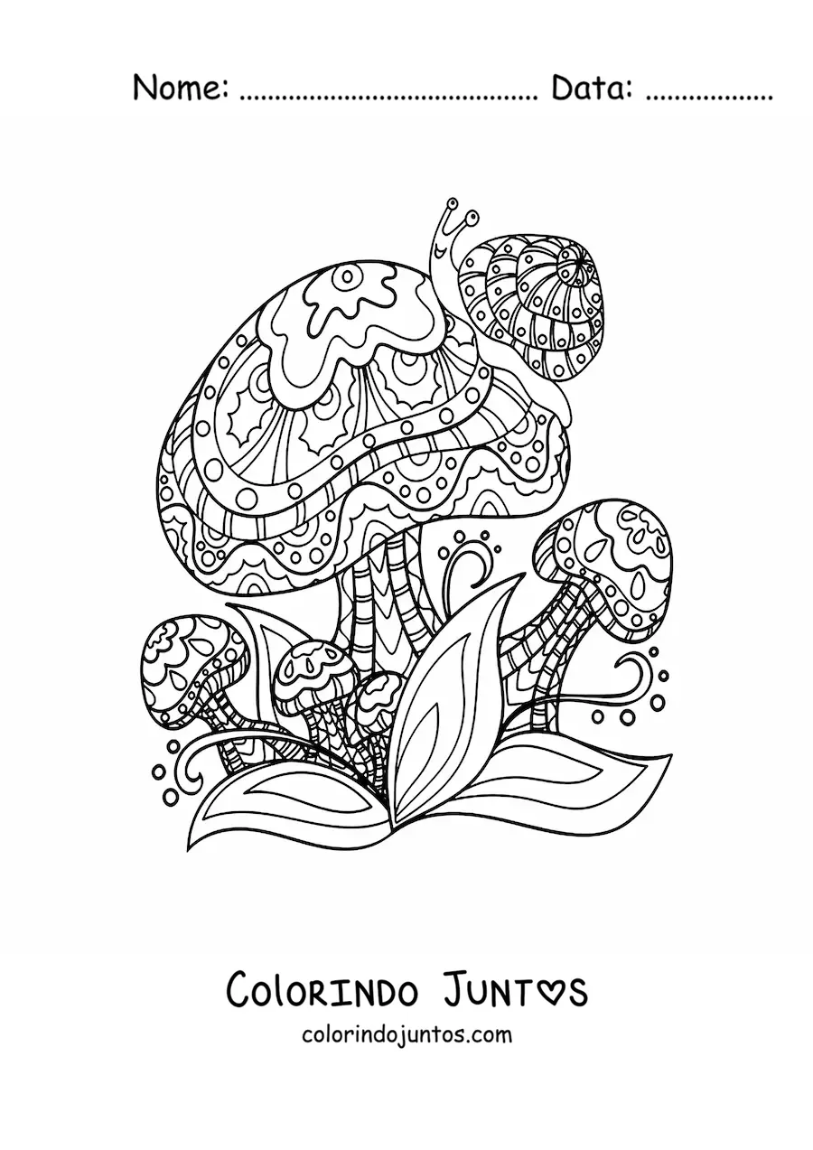 Desenho para colorir de cogumelos com caracol estilo Zentangle