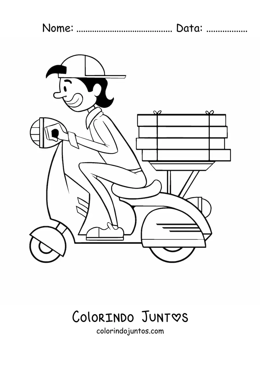 Desenho para colorir de um entregador de pizza em uma motocicleta