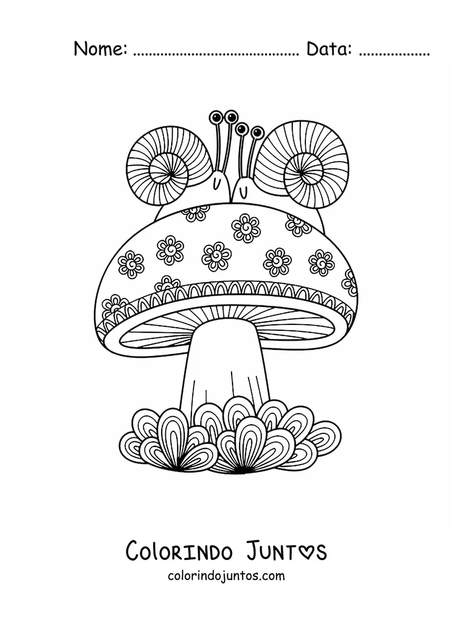 Desenho para colorir de cogumelo com caracois estilo Zentangle