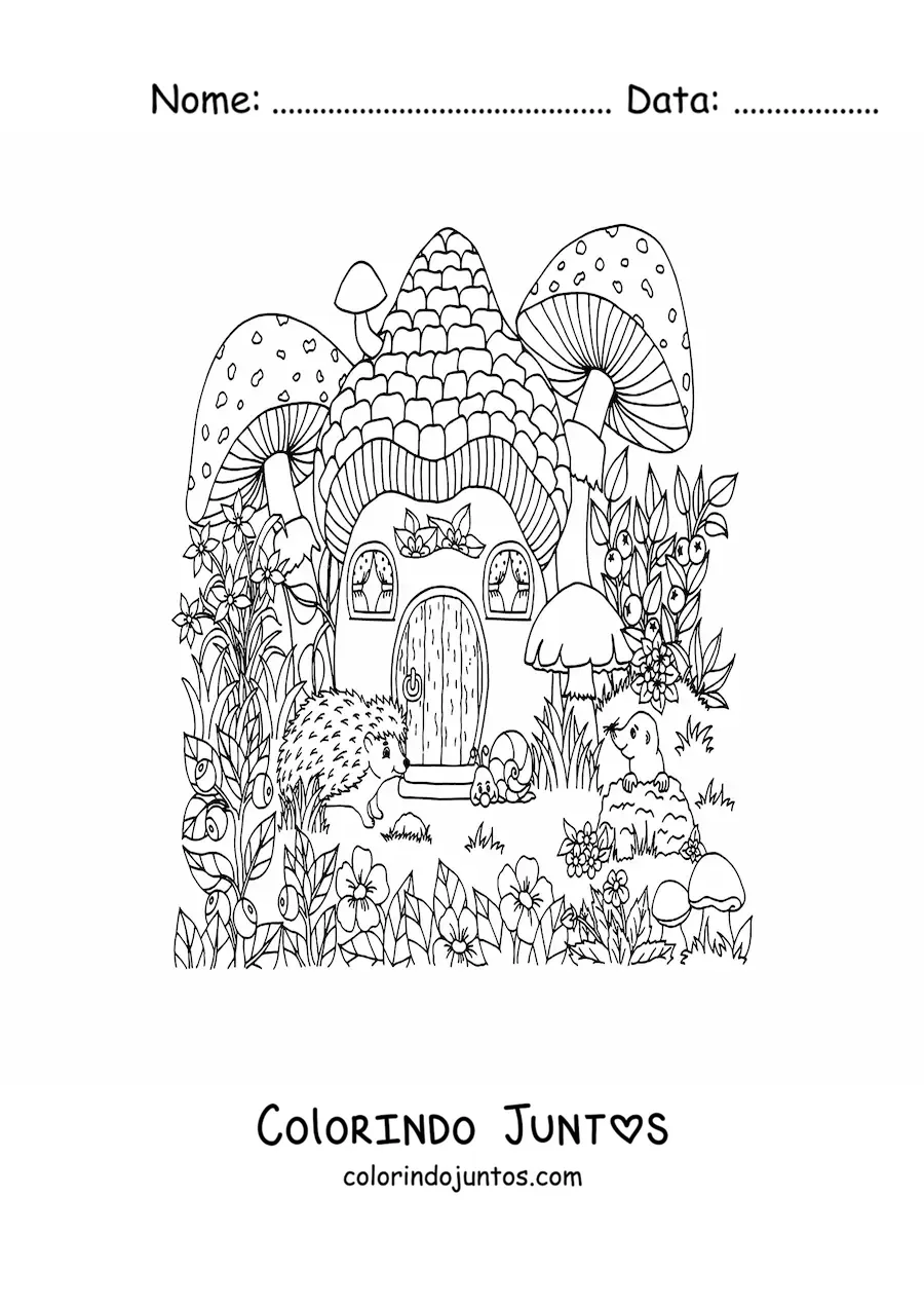 Desenho para colorir de porco-espinho e animais do bosque magico em casa em forma de cogumelo