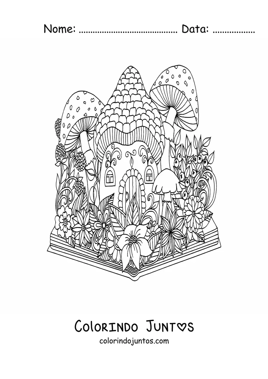 Desenho para colorir de livro com jardim magico