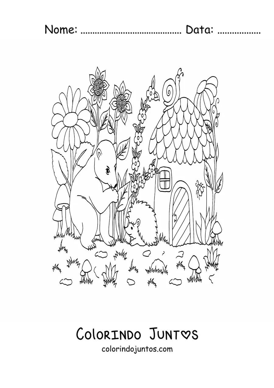 Desenho para colorir de urso e animais do bosque magico em casa em forma de cogumelo