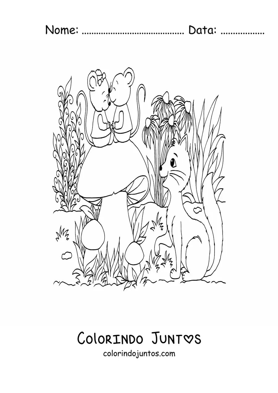 Desenho para colorir de gato e ratos em jardim magico