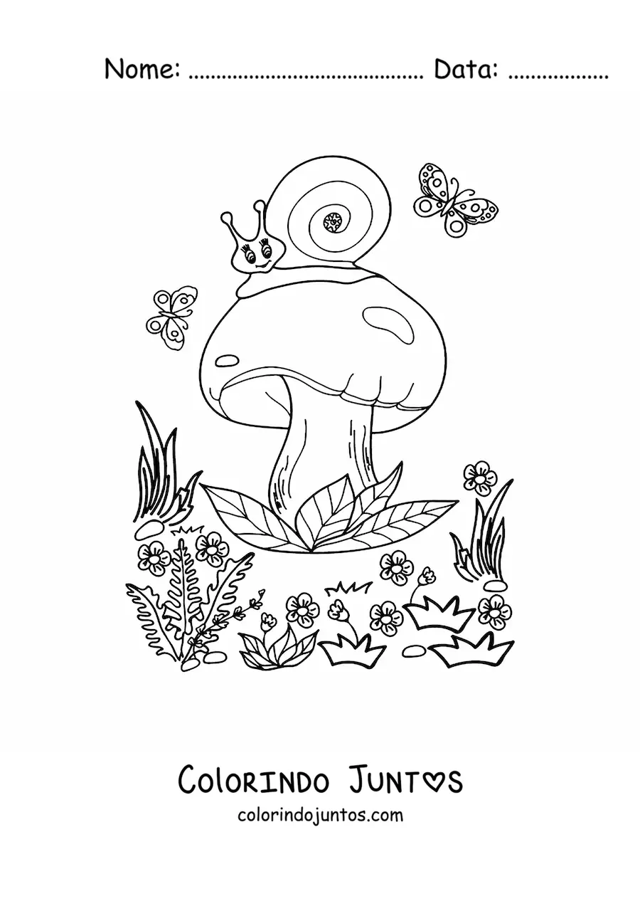 Desenho para colorir de cogumelo com caracol e borboletas no bosque magico
