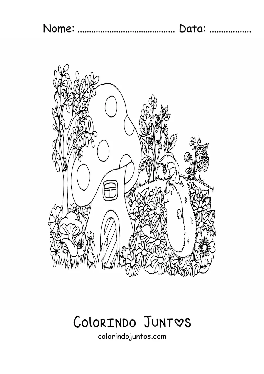Desenho para colorir de fofo porco-espinho junto a casa do bosque magico