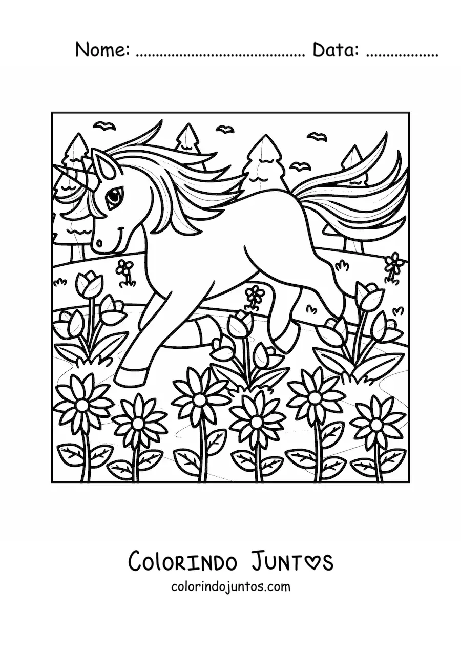 Desenho para colorir de unicornio trotando em jardim magico
