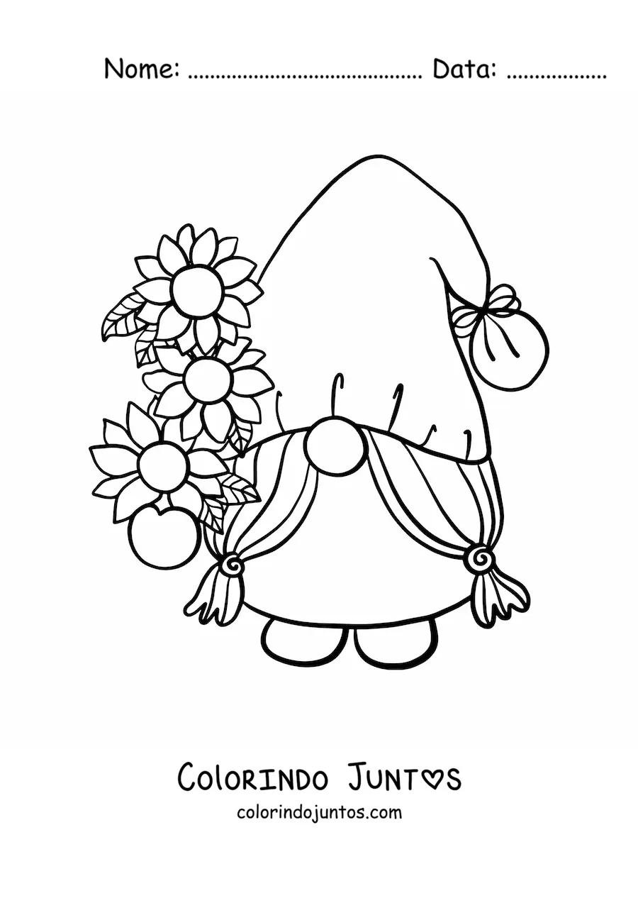 Desenho para colorir de gnomo de jardim com flores