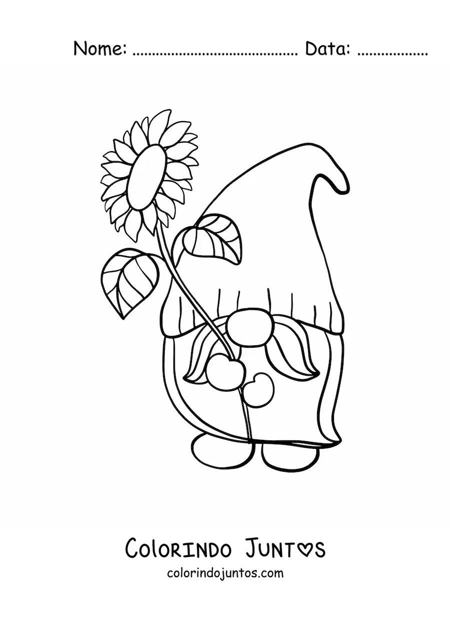 Desenho para colorir de gnomo de jardim com um girassol