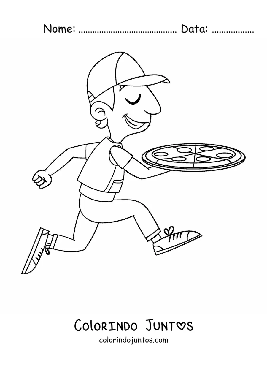 Desenho para colorir de um entregador de pizza caminhando