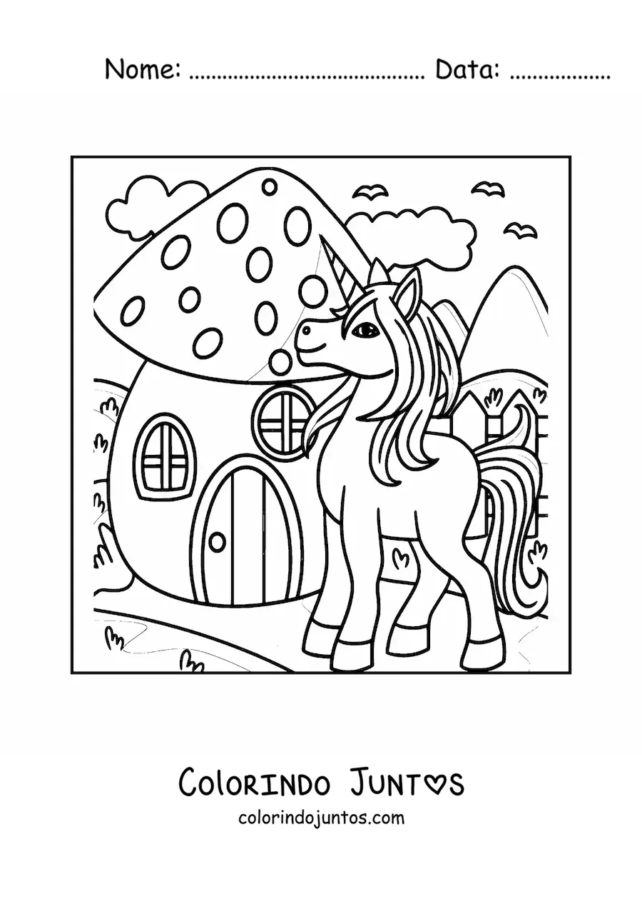 Desenho para colorir de unicornio junto a casa em forma de cogumelo no bosque encantado