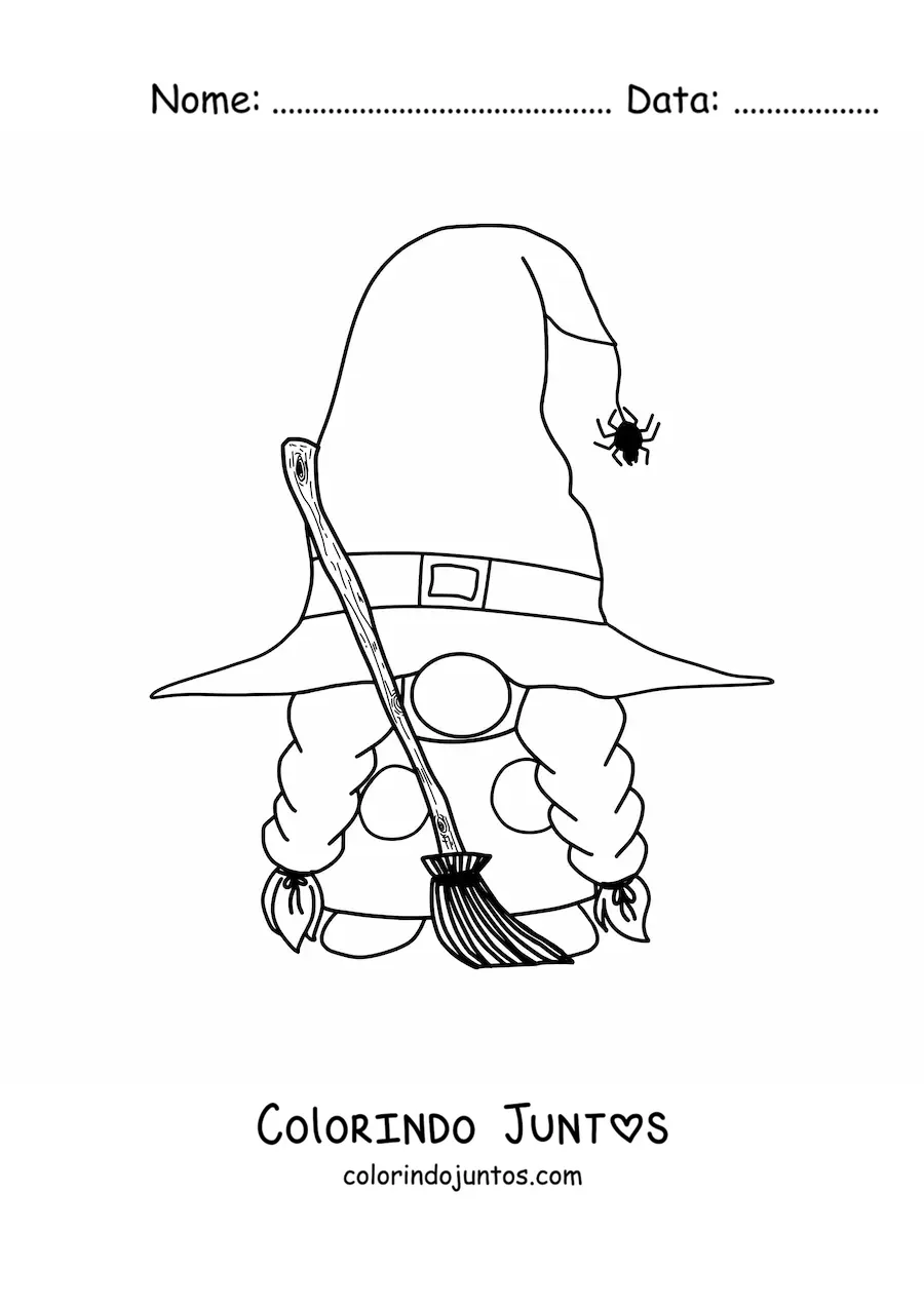 Desenho para colorir de gnomo de Halloween com vassoura