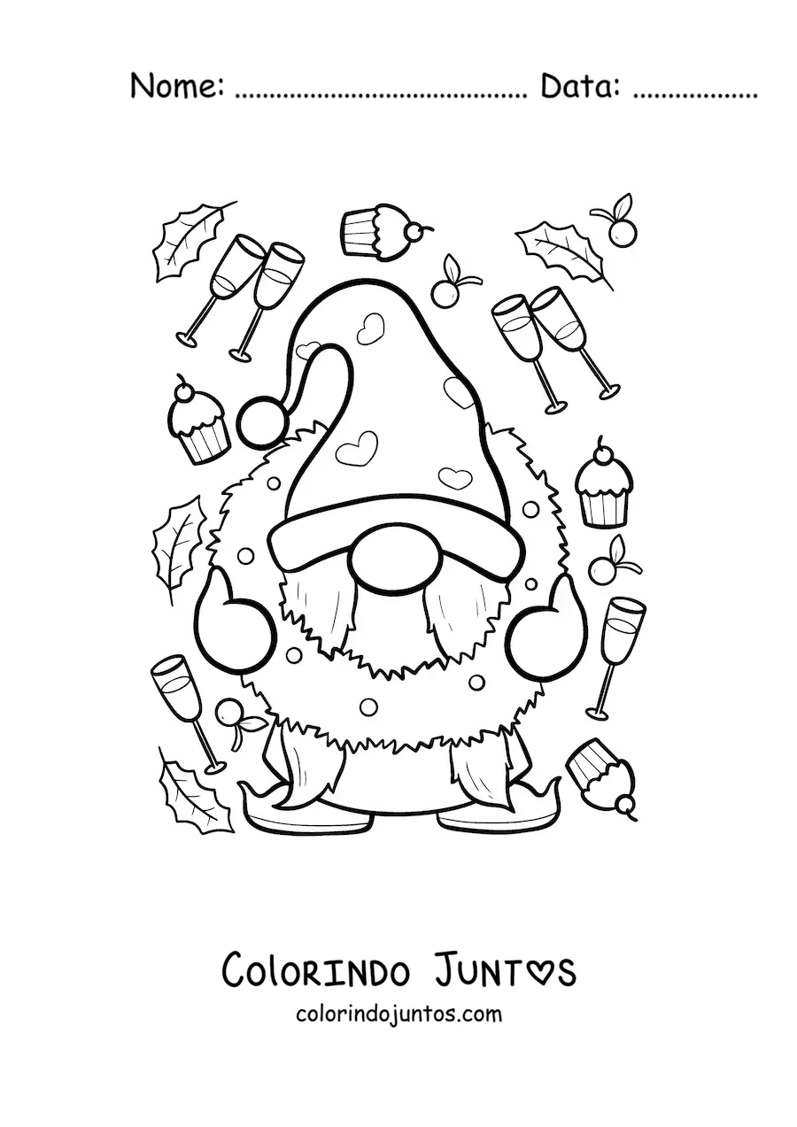 Desenho para colorir de gnomo de Natal com guirlanda