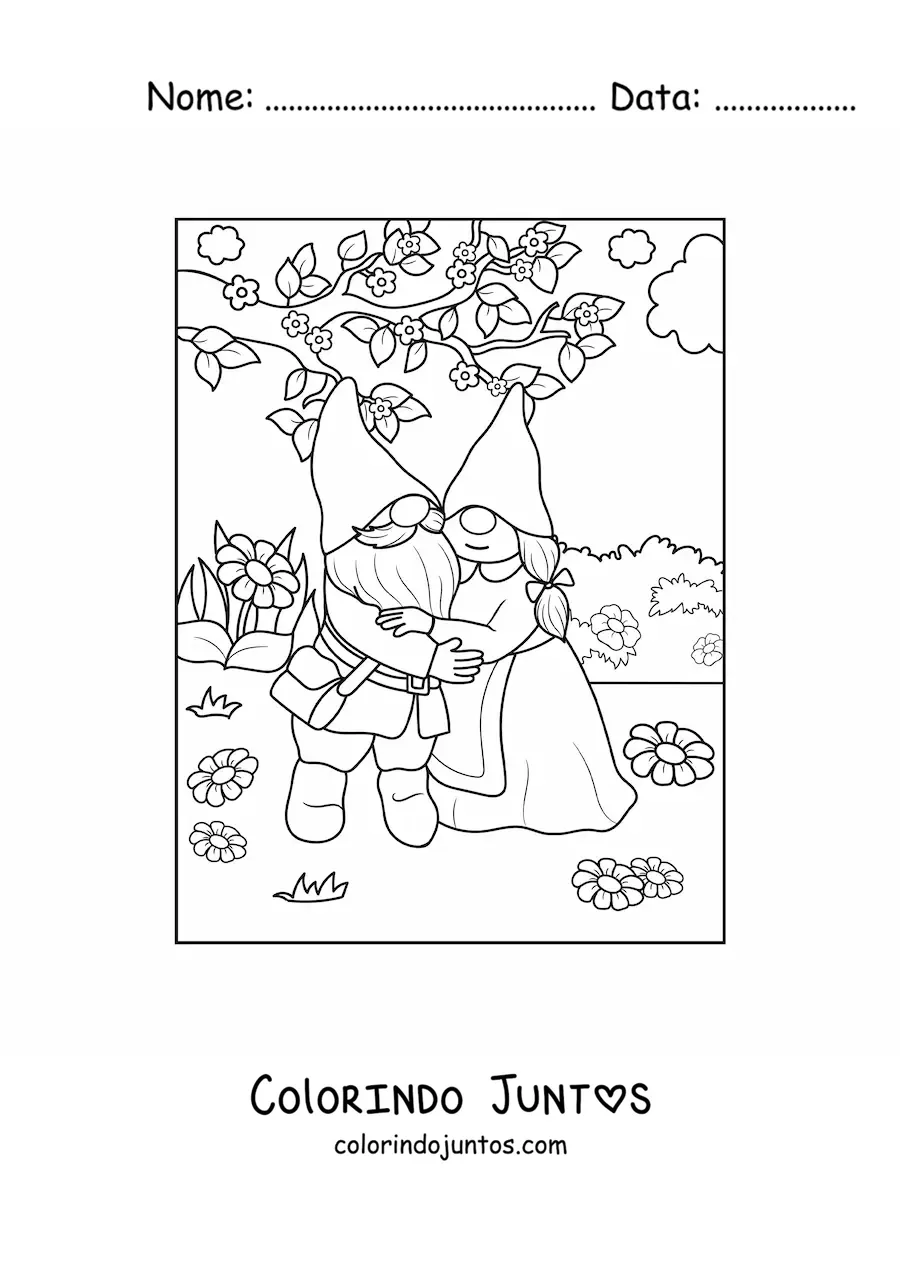 Desenho para colorir de casal de gnomos abracados no jardim
