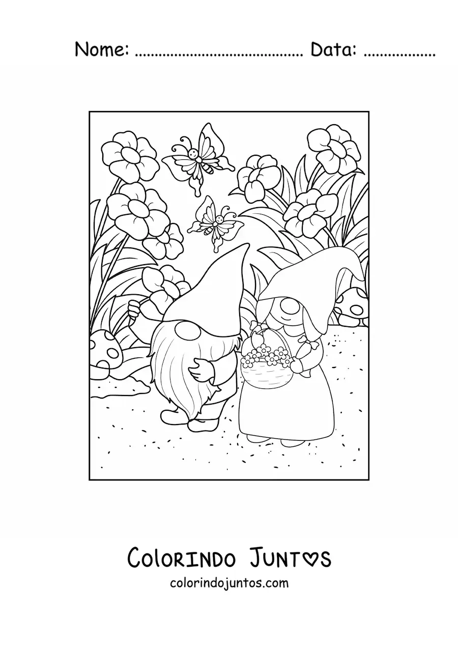 Desenho para colorir de casal de gnomos colhendo flores no jardim