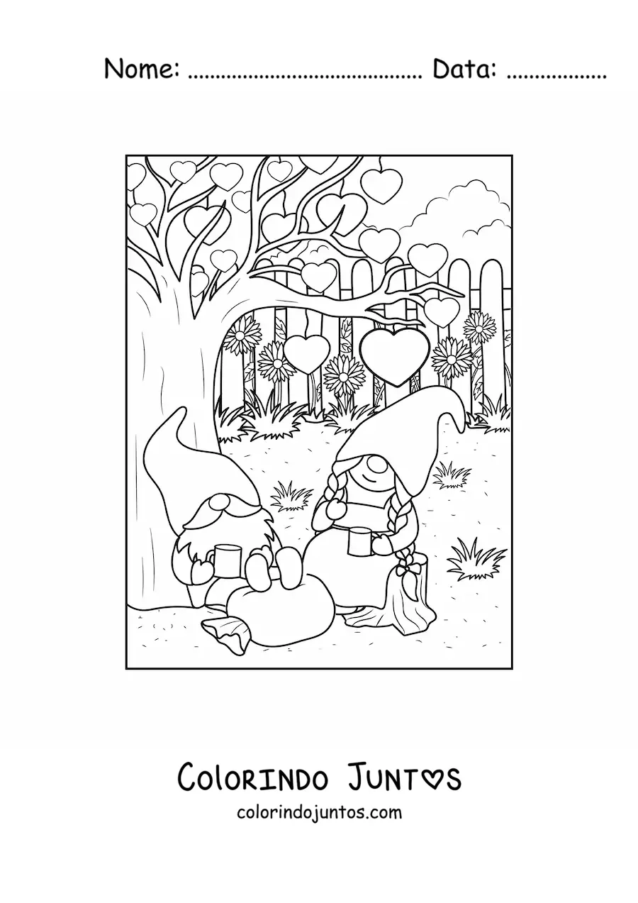 Desenho para colorir de casal de gnomos apaixonados tomando cafe no jardim