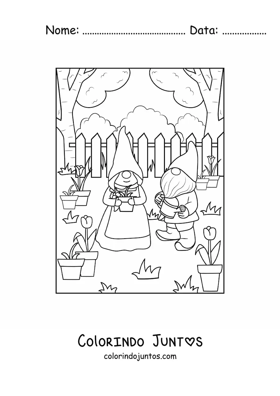 Desenho para colorir de casal de gnomos plantando no jardim