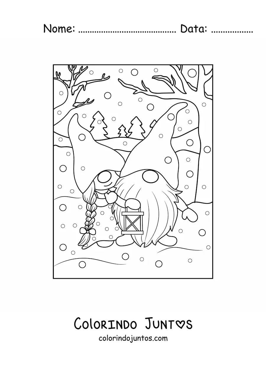 Desenho para colorir de casal de gnomos apaixonados no inverno