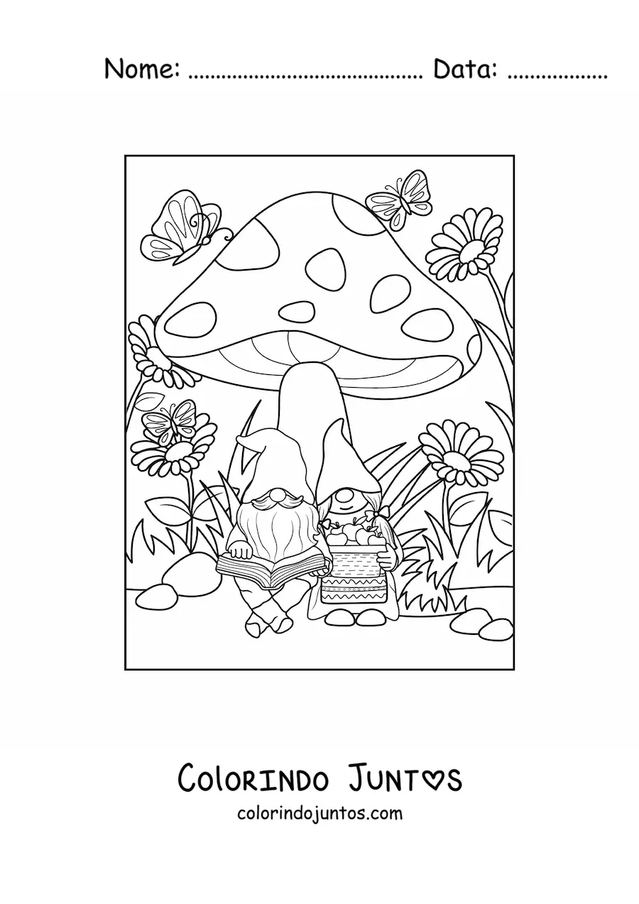 Desenho para colorir de casal de gnomos lendo embaixo de um cogumelo